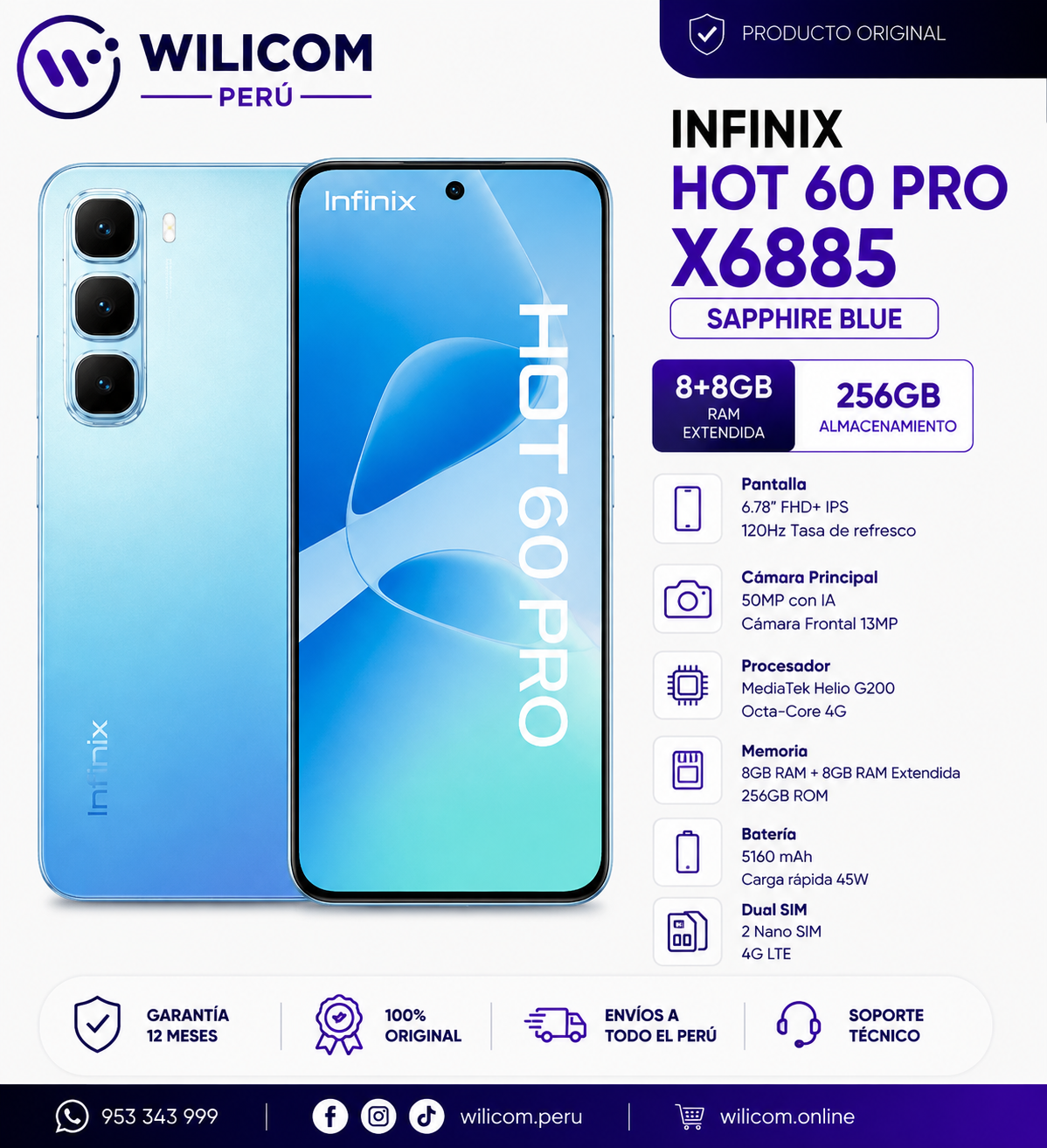 INFINIX HOT 60 Pro X6885 8+8GB RAM 256GB Sapphire Blue