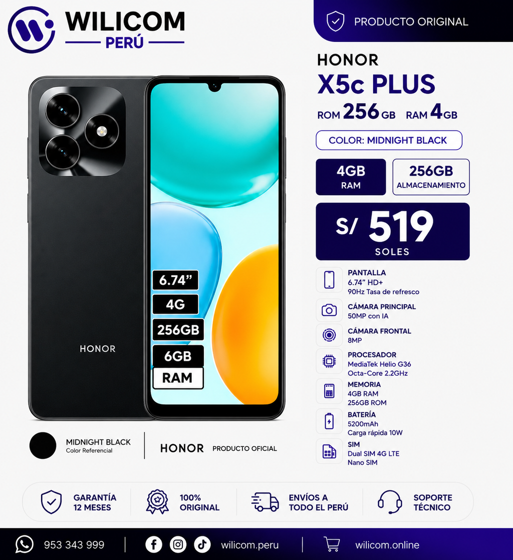HONOR X5c Plus 4GB RAM 256GB NEGRO MEDIANOCHE